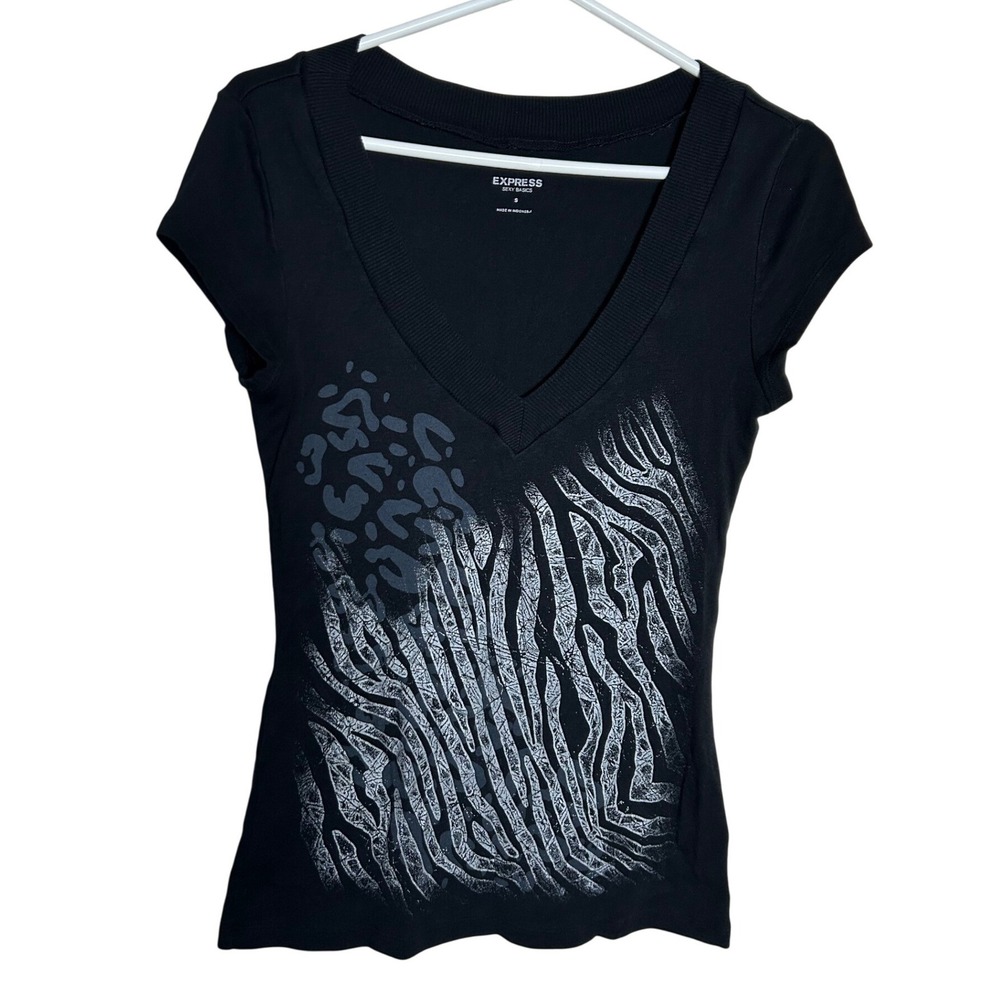 Y2K Express Sexy Basics Black V-Neck Graphic Tee Animal Print McBling 2000s  S